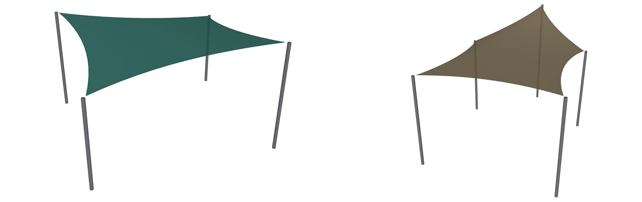 Common shade sail configurations with four to five support poles